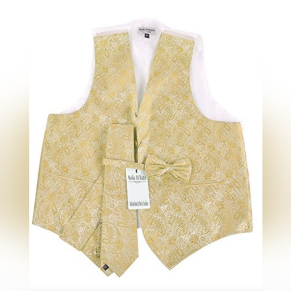 💲4pc Gold Men's Tuxedo Paisley Dress Suit Vest by Moda Di Raza